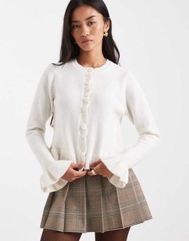 Brave Soul Brave Soul crew neck knit cardigan with ruffle cuffs and hem in ivory-White