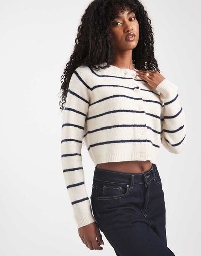 Brave Soul Brave Soul cropped cardigan in cream and navy stripe-Neutral