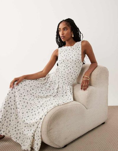 Brave Soul Brave Soul drop waist maxi racer dress with shirred bodice in white floral print