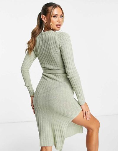 Brave Soul Brave Soul Eddie knit dress with slit in sage green