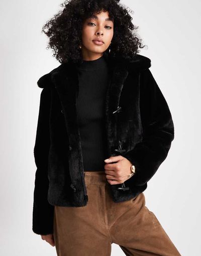 Brave Soul Brave Soul faux fur short duffle coat with toggle detail in black