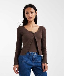 Brave Soul Brave Soul fine knit cami and cardigan set with lace detailing in chocolate brown