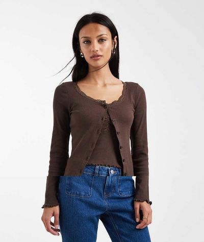 Brave Soul Brave Soul fine knit cami and cardigan set with lace detailing in chocolate brown