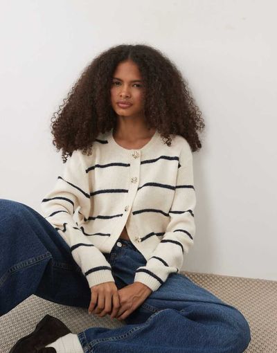 Brave Soul Brave Soul fisherman knit cardigan in stone and navy stripe-Neutral
