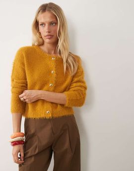 Brave Soul Brave Soul fluffy cardigan with gold buttons in mustard-Brown