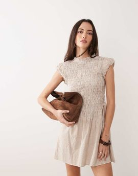 Brave Soul Brave Soul gingham mini dress in brown with ruched bodice and puff sleeves