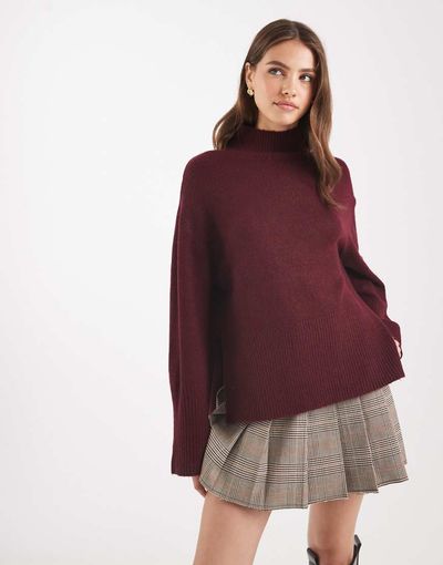 Brave Soul Brave Soul high neck sweater with wide sleeves in burgundy-Red