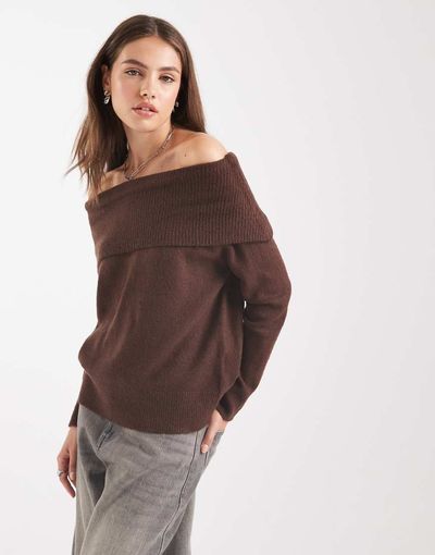 Brave Soul Brave Soul knit off the shoulder sweater in brown-Red