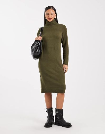 Brave Soul Brave Soul knit turtle neck sweater dress in khaki green