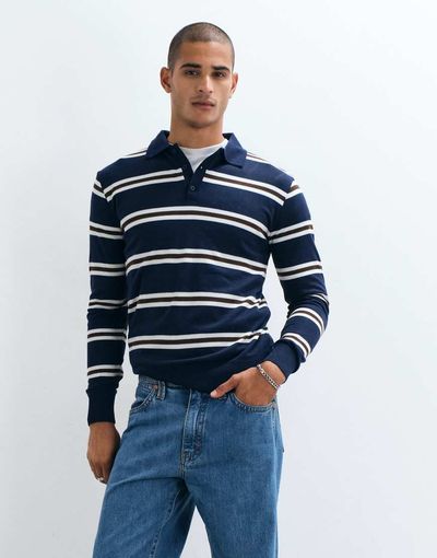 Brave Soul Brave Soul knitted sweater with button down placket in black, brown & blue stripe-MULTI