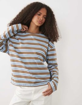 Brave Soul Brave Soul long sleeve boyfriend fit T-shirt in brown, blue and white stripe-Multi