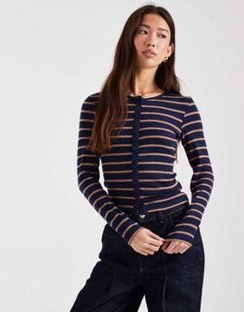 Brave Soul Brave Soul long sleeve button down ribbed top in navy and taupe stripe