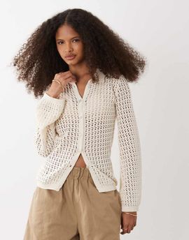 Brave Soul Brave Soul long sleeve crochet knit cardigan in cream-White