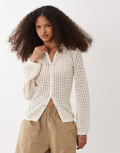 Brave Soul Brave Soul long sleeve crochet knit cardigan in cream-White