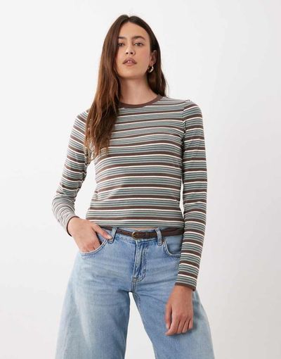 Brave Soul Brave Soul long sleeve fitted jersey top in brown striped print