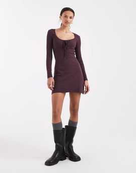 Brave Soul Brave Soul long sleeve jersey mini dress with tie front detail in berry-Purple