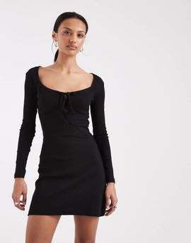 Brave Soul Brave Soul long sleeve jersey mini dress with tie front detail in black