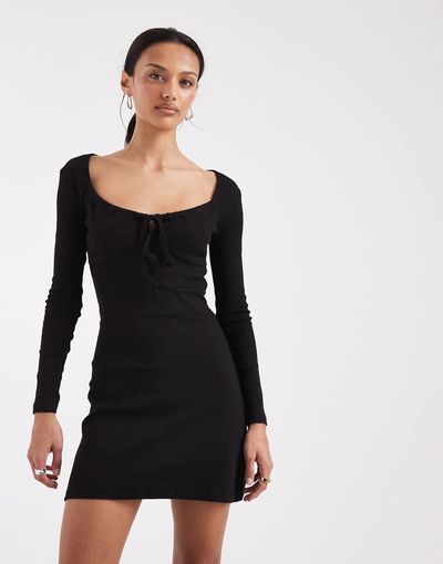 Brave Soul Brave Soul long sleeve jersey mini dress with tie front detail in black