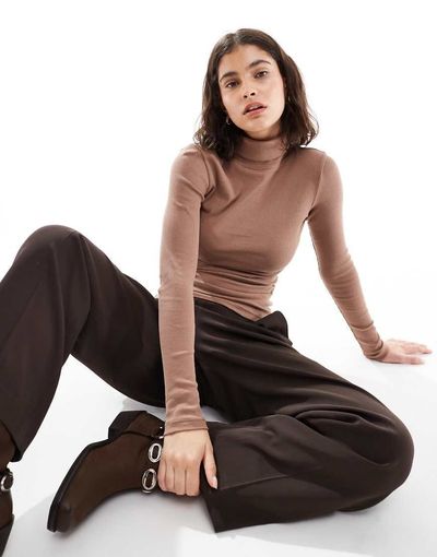 Brave Soul Brave Soul long sleeve ribbed rollneck top in tan-Brown