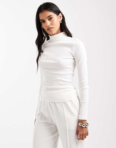 Brave Soul Brave Soul long sleeve ribbed turtle neck top in cream-White