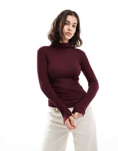 Brave Soul Brave Soul long sleeve ribbed turtleneck top in burgundy-Red