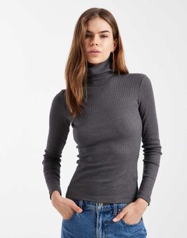 Brave Soul Brave Soul long sleeve ribbed turtleneck top in charcoal gray