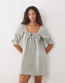 Brave Soul Brave Soul mini dress with puff sleeves in green and white stripes