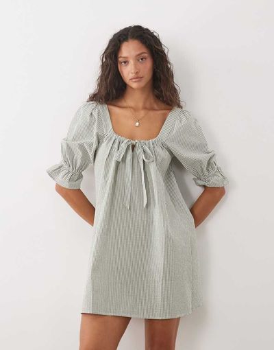 Brave Soul Brave Soul mini dress with puff sleeves in green and white stripes