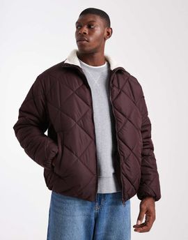 Brave Soul Brave Soul padded short jacket with borg collar in burgundy-Red