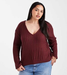 Brave Soul Brave Soul Plus deep V-neck ribbed sweater in wine-Red