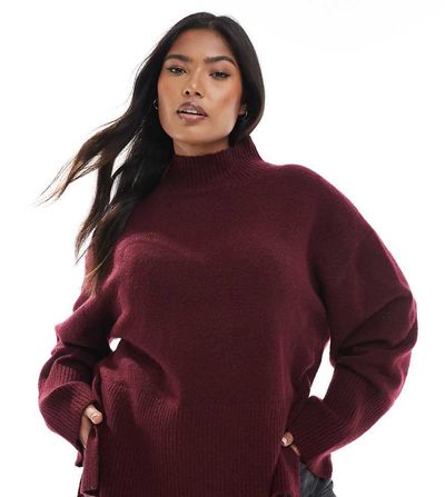 Brave Soul Brave Soul Plus turtleneck sweater with wide sleeves in wine-Red