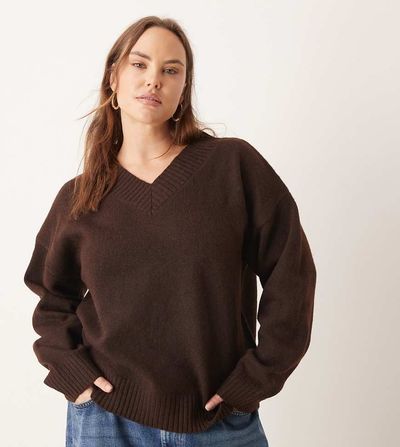 Brave Soul Brave Soul Plus V-neck soft touch sweater in chocolate brown