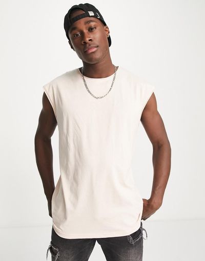Brave Soul Brave Soul raw edge sleeveless T-shirt tank in pale pink