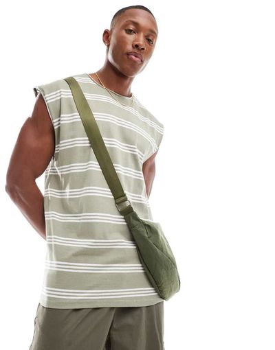 Brave Soul Brave Soul raw edge striped tank in washed sage & white-Green