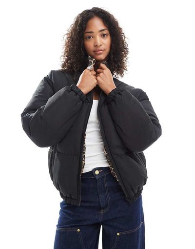 Brave Soul Brave Soul reversible short puffer jacket in black and leopard print