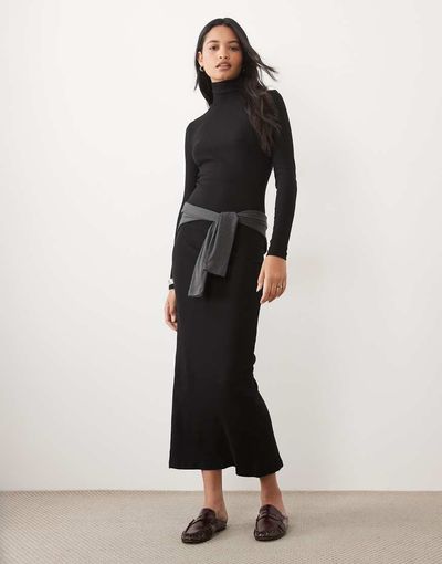 Brave Soul Brave Soul ribbed long sleeve roll neck maxi dress with slit detail in black