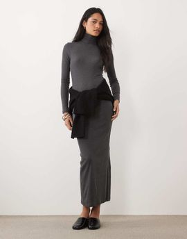Brave Soul Brave Soul ribbed long sleeve roll neck maxi dress with slit detail in charcoal heather-Gray