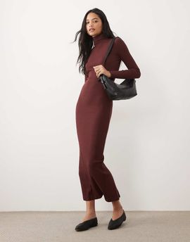 Brave Soul Brave Soul ribbed long sleeve roll neck maxi dress with slit detail in chocolate-Brown
