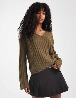 Brave Soul Brave Soul ribbed V-neck sweater in khaki-Green