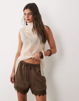 Brave Soul Brave Soul satin shorts with drawcord waist and lace trim in chocolate brown