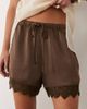 Brave Soul Brave Soul satin shorts with drawcord waist and lace trim in chocolate brown - 4
