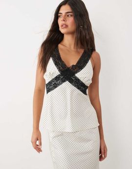 Brave Soul Brave Soul satin v-neck cami with lace trim in cream and black polka dot print-White