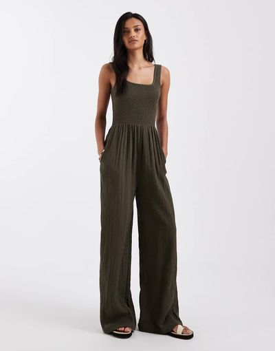 Brave Soul Brave Soul scoop neck jumpsuit in khaki-Green