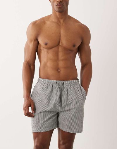 Brave Soul Brave Soul seersucker swim shorts in charcoal and white stripes-Gray