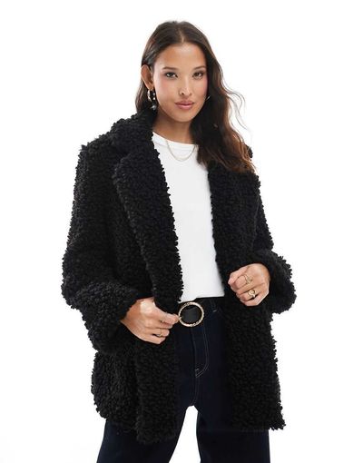 Brave Soul Brave Soul shaggy faux fur double breasted short coat in black