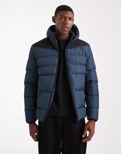 Brave Soul Brave Soul short hooded puffer jacket with panel detail in navy