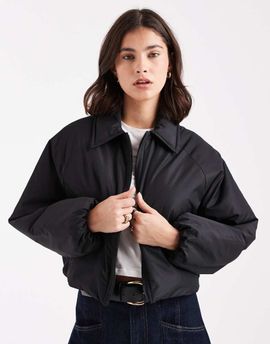 Brave Soul Brave Soul short padded bomber jacket with collar in black