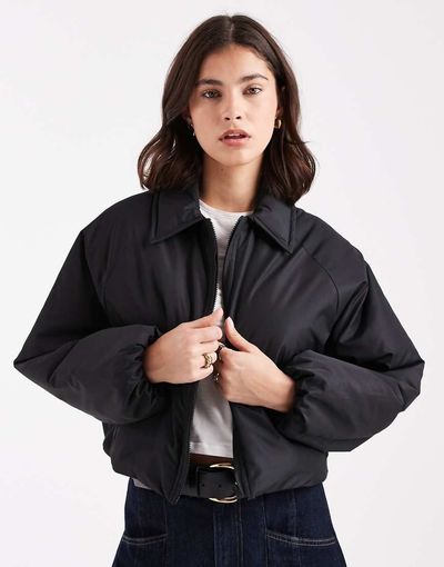 Brave Soul Brave Soul short padded bomber jacket with collar in black