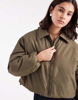 Brave Soul Brave Soul short padded bomber jacket with collar in khaki-Green