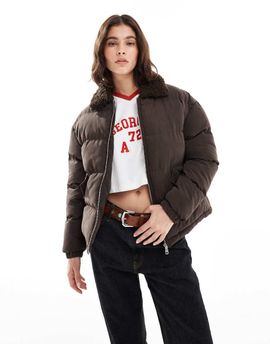 Brave Soul Brave Soul short puffer jacket with faux shearling collar in brown